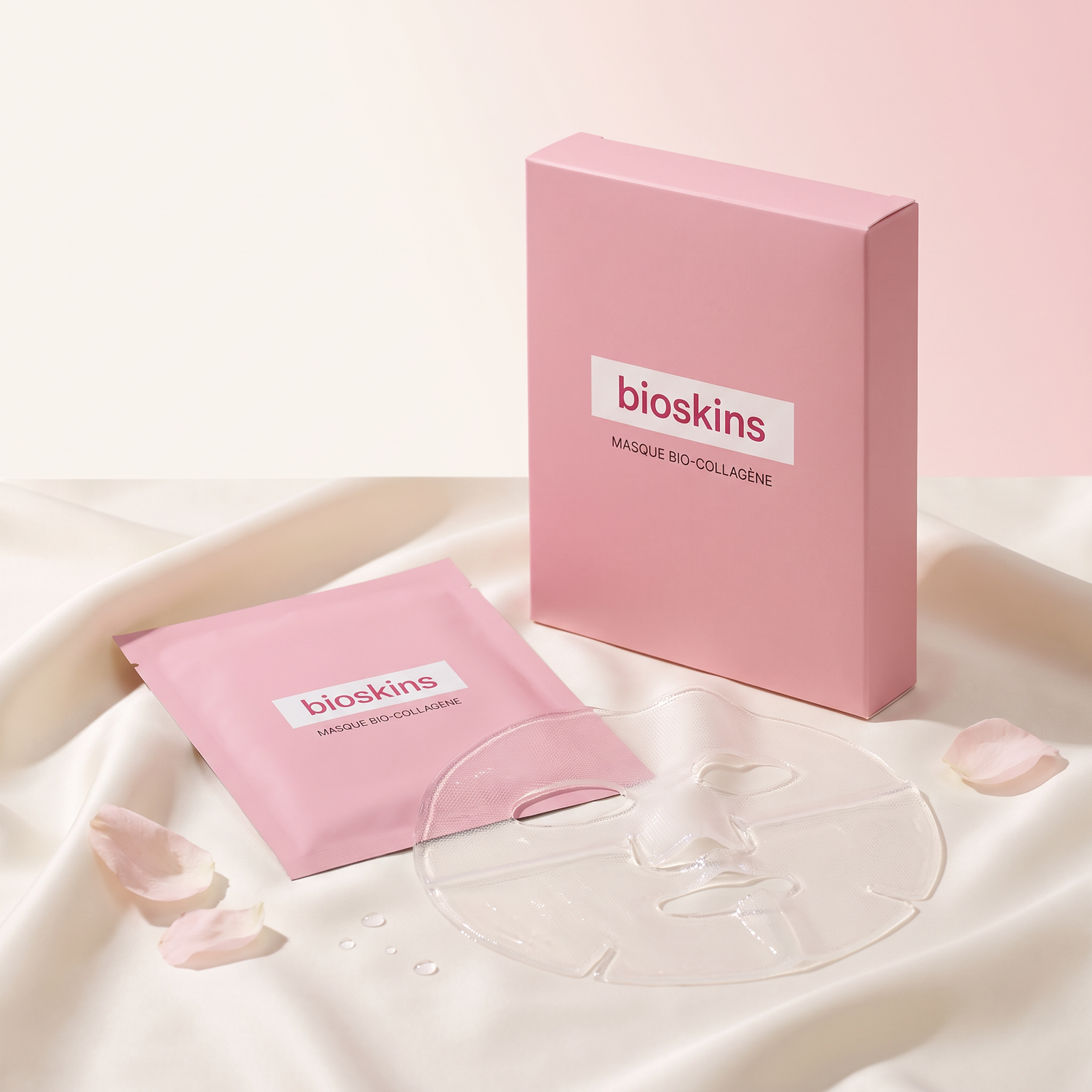 Masque Bio-Collagène bioskins - boîte, sachet et masque hydrogel